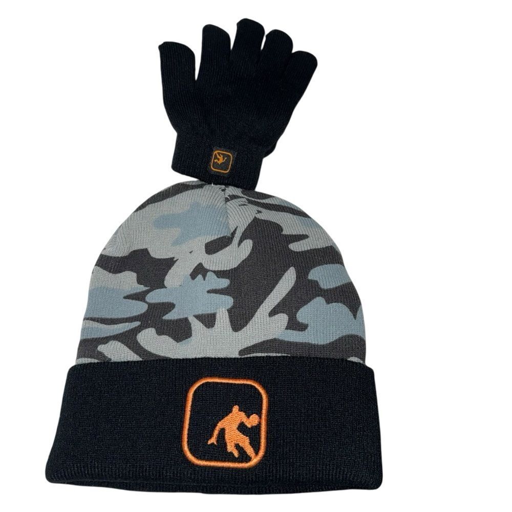 NWT Kid’s Gray Camo Knit Beanie Black Cuff and Orange Jordan Logo and Gloves